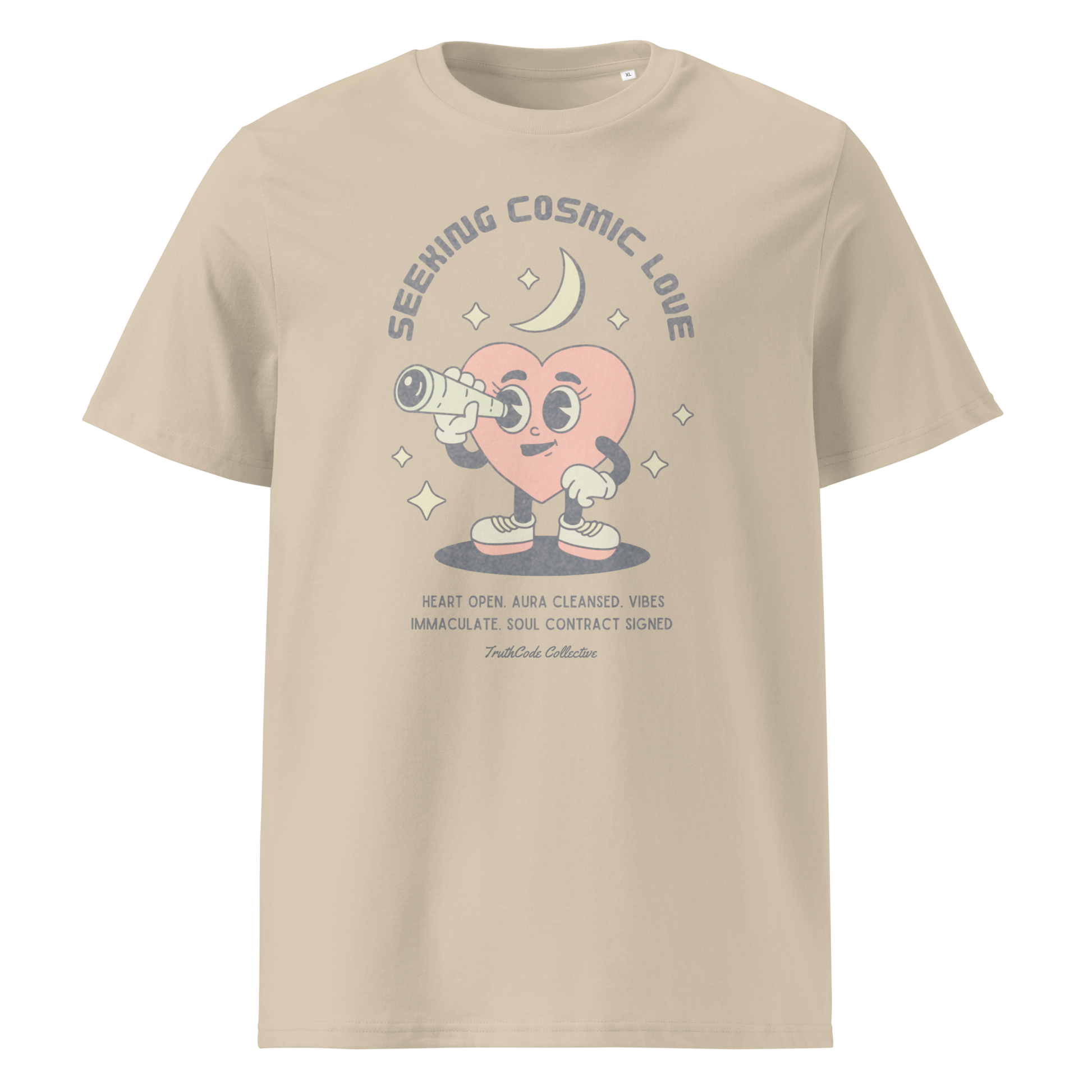 Beige organic t-shirt with a heart-shaped character holding a telescope and text 'Seeking Cosmic Love' on a white background.
