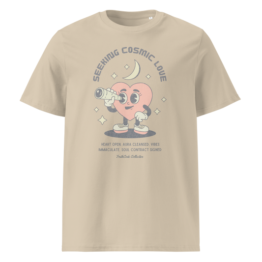 Beige organic t-shirt with a heart-shaped character holding a telescope and text 'Seeking Cosmic Love' on a white background.