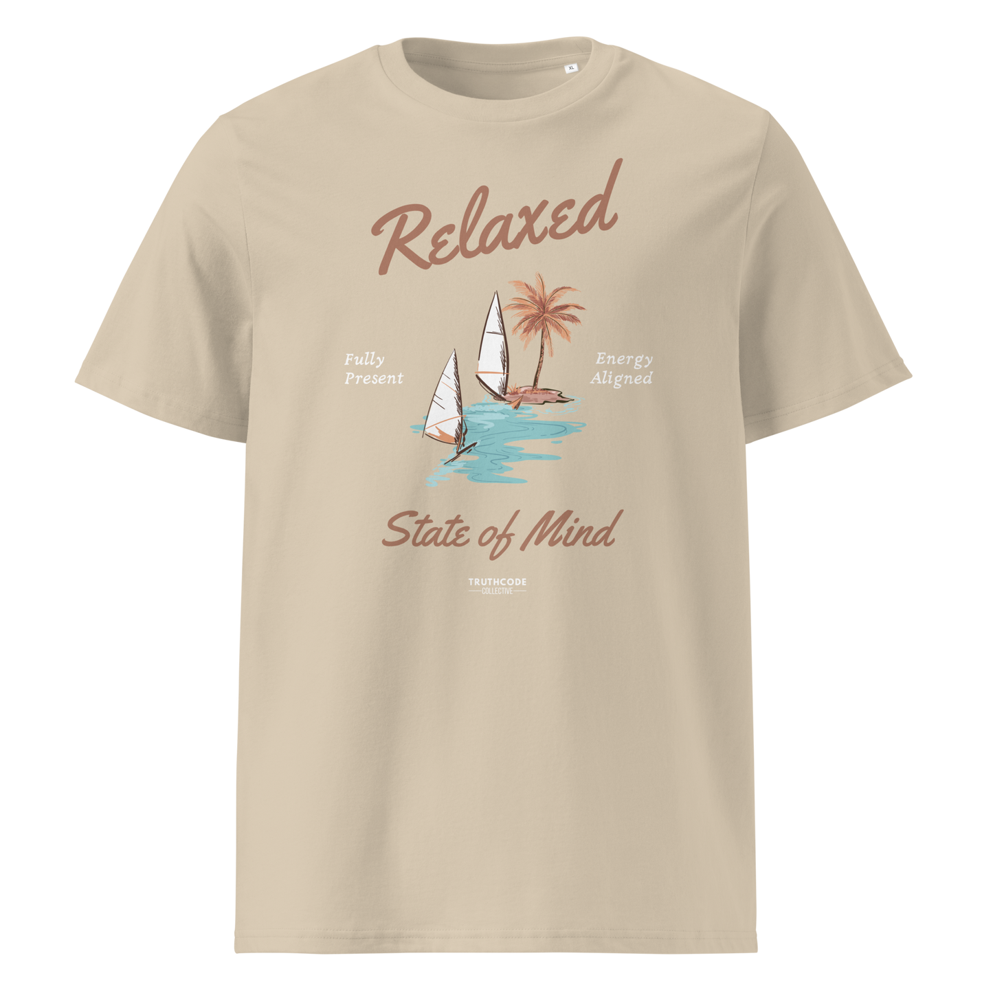 Beige organic t-shirt with a sailboat graphic and text 'Relaxed state of mind' on a white background