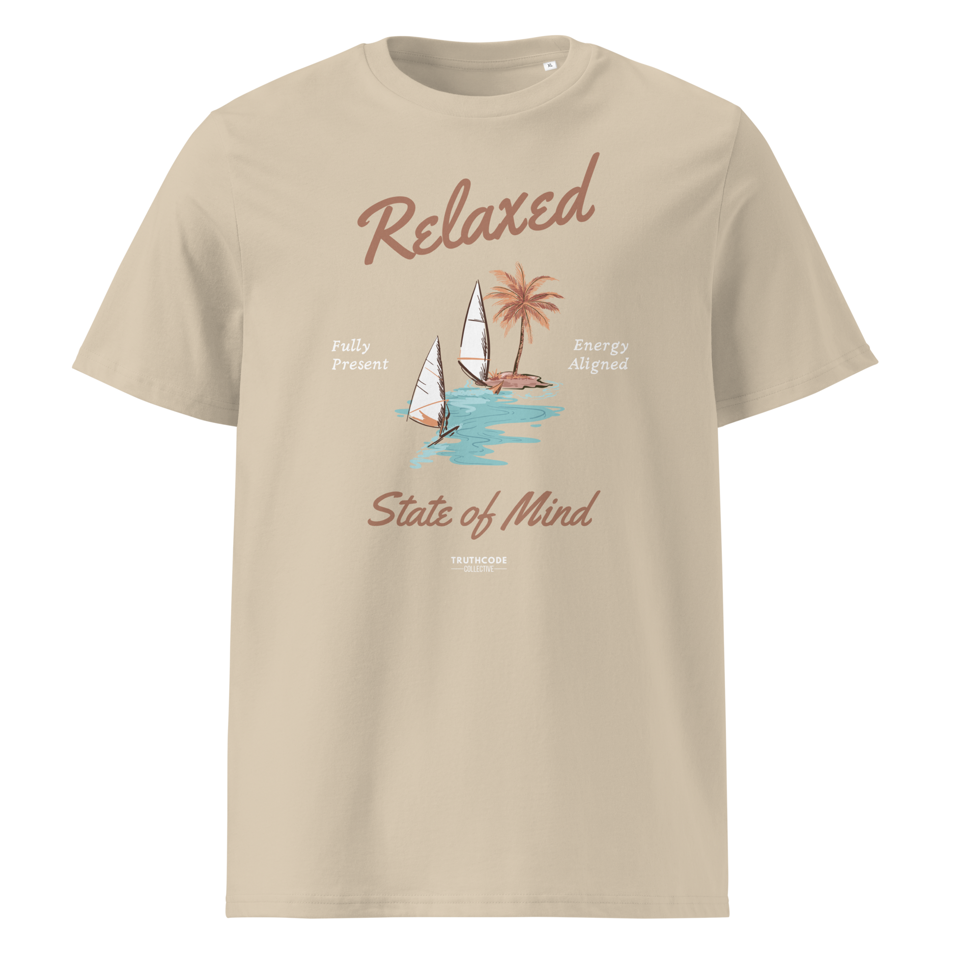 Beige organic t-shirt with a sailboat graphic and text 'Relaxed state of mind' on a white background