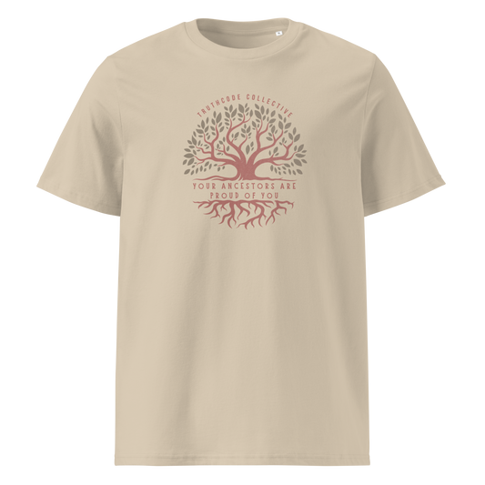 Beige organic t-shirt with a tree design and text 'Your ancestors are proud of you' on a white background