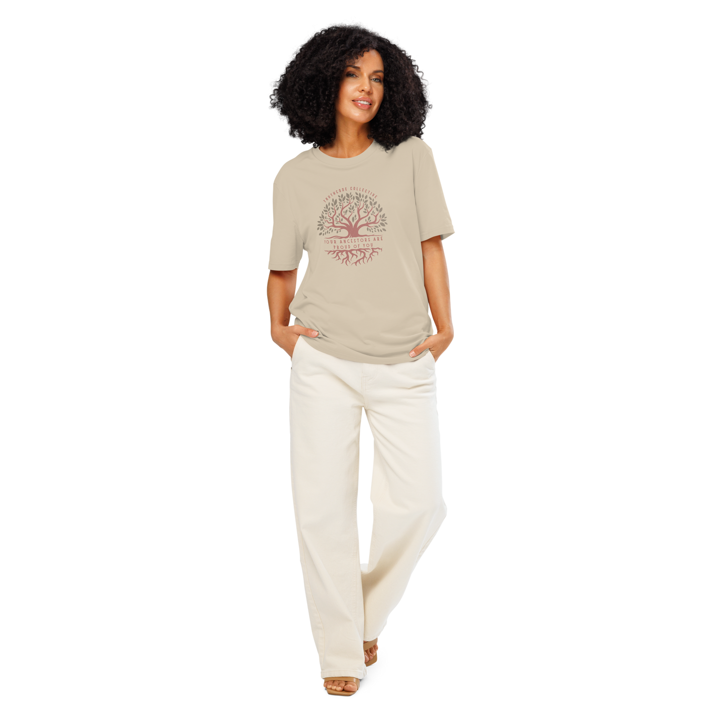 Woman wearing beige organic t-shirt with a tree design and text 'Your ancestors are proud of you' on a white background