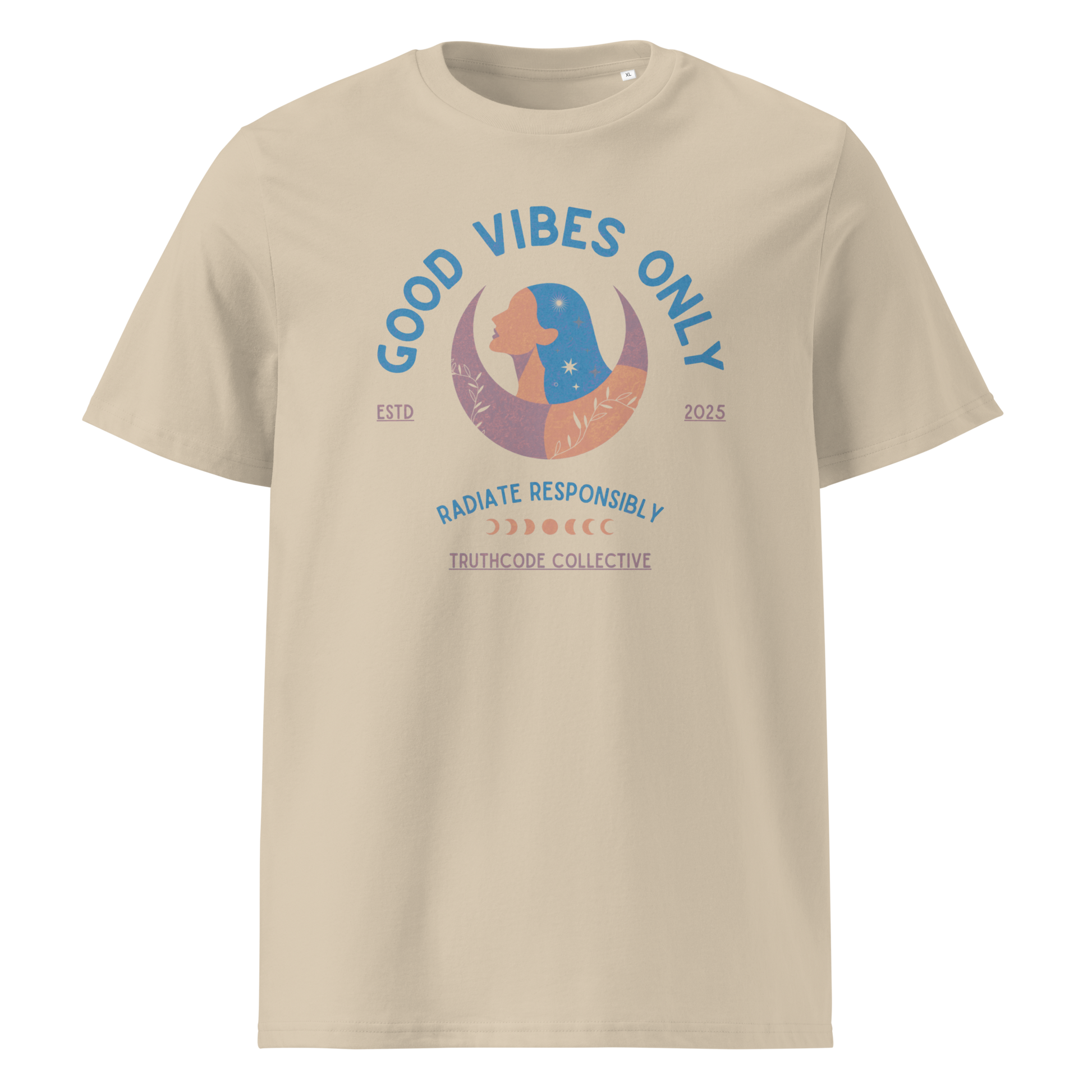 Beige organic t-shirt with text 'Good Vibes Only' and 'Radiate responsibly' woman and moon graphic design on a white background