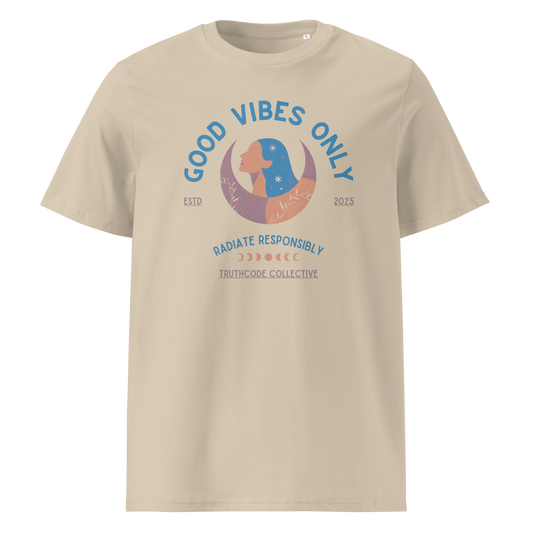 Beige organic t-shirt with text 'Good Vibes Only' and 'Radiate responsibly' woman and moon graphic design on a white background