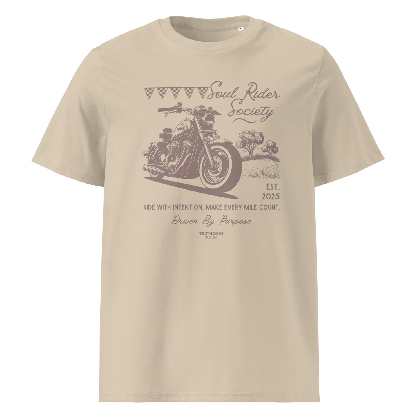 Beige organic t-shirt with motorcycle graphic and text 'Soul rider society, ride with intention, make every mile count' on a white background