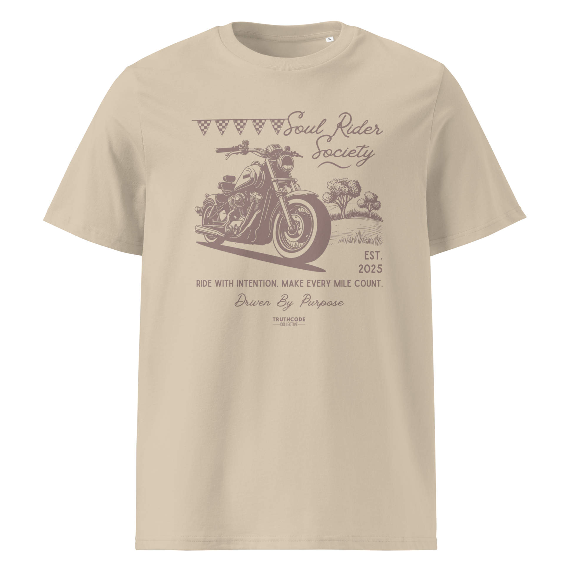Beige organic t-shirt with motorcycle graphic and text 'Soul rider society, ride with intention, make every mile count' on a white background