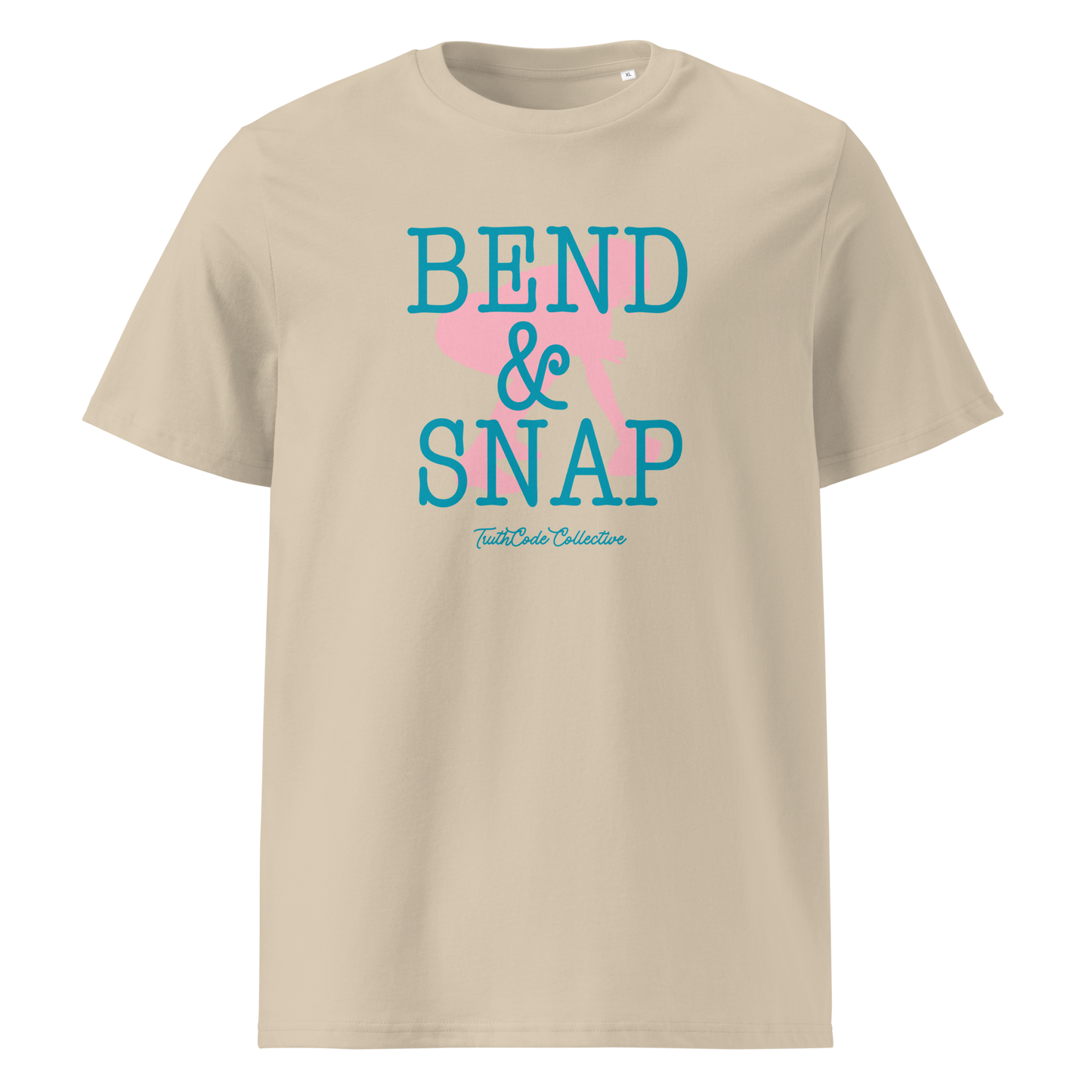 Beige organic t-shirt with 'Bend & Snap' text and football player snapping football silhouette graphic on a white background
