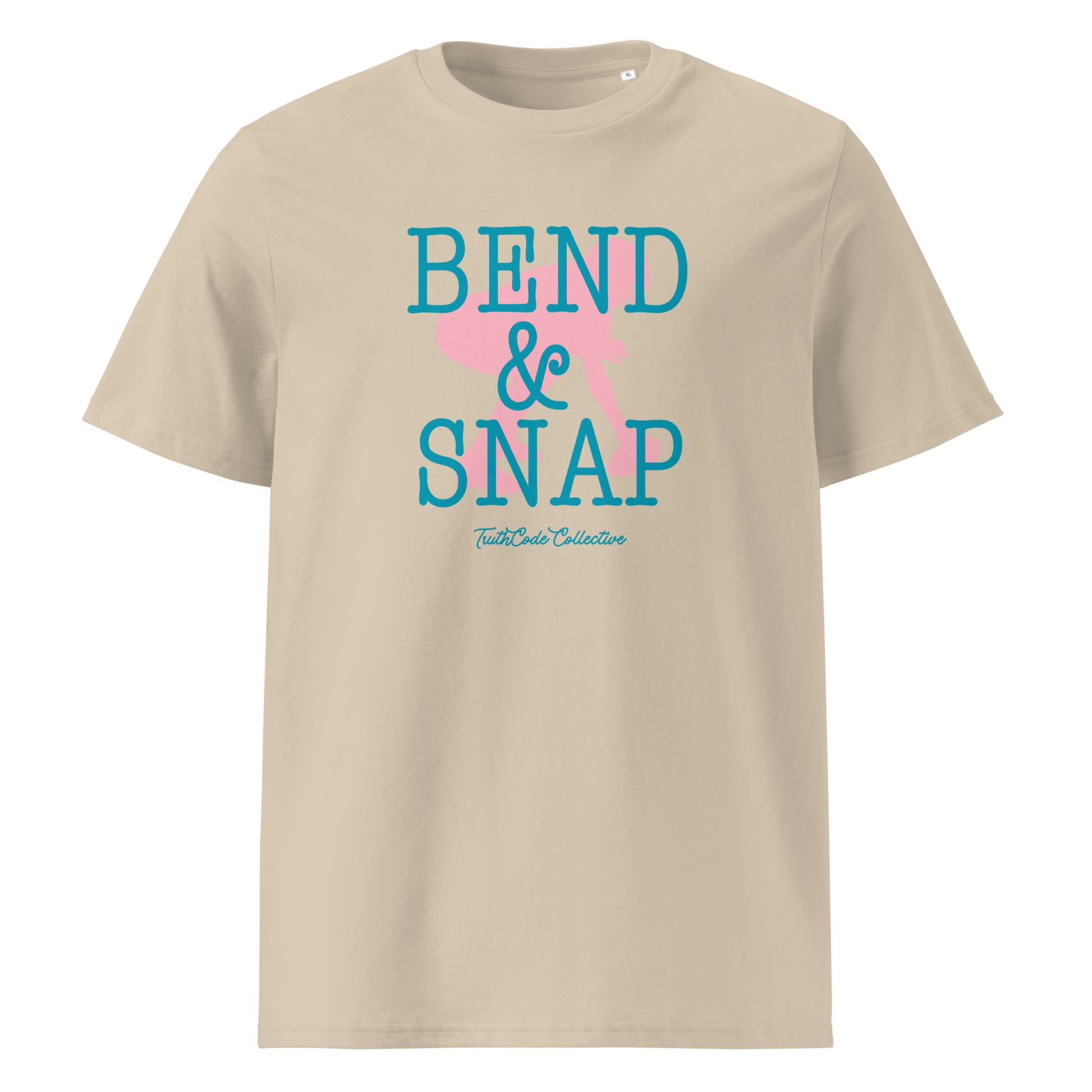 Beige organic t-shirt with 'Bend & Snap' text and football player snapping football silhouette graphic on a white background