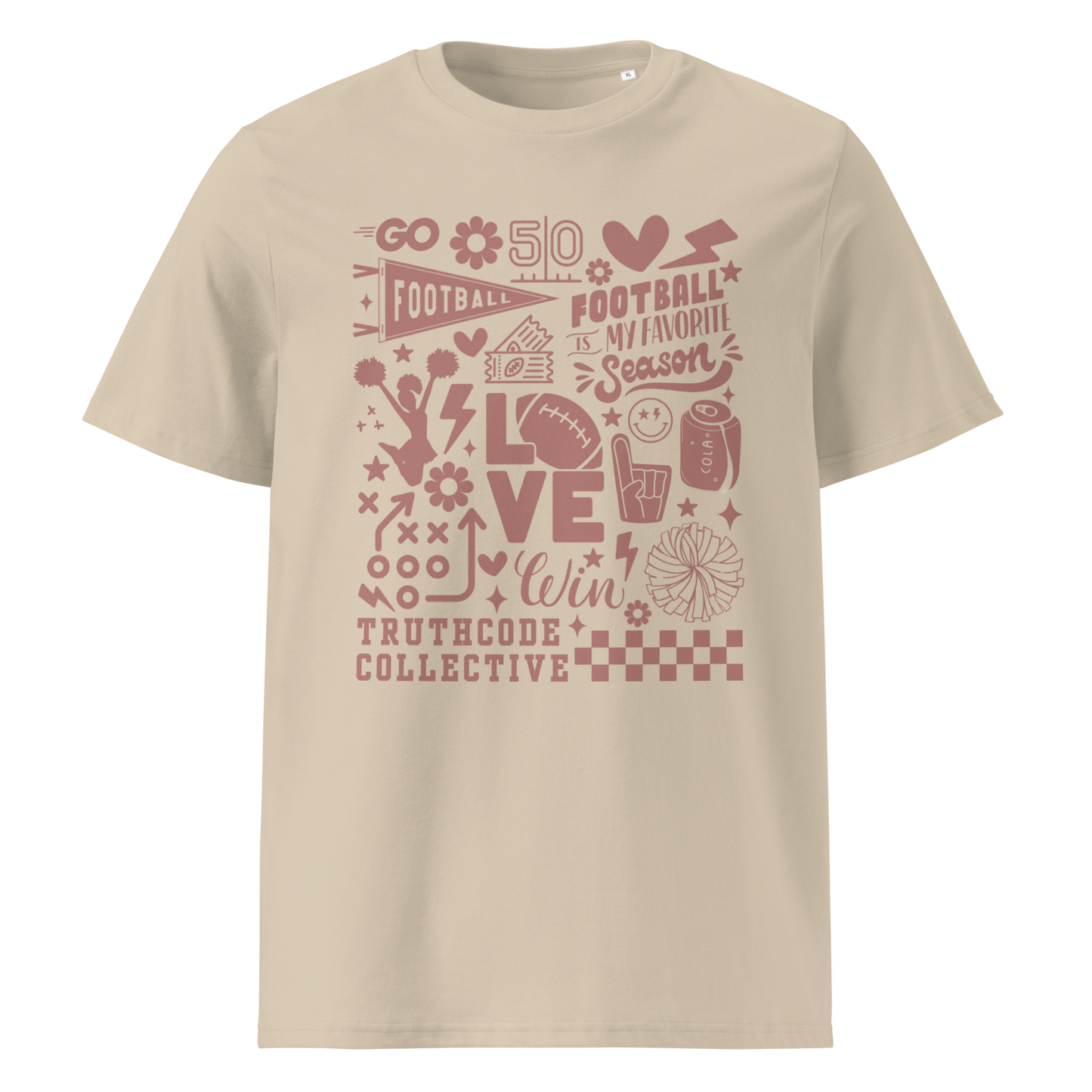 Beige organic t- shirt with football themed graphics and text 'Football is my favorite season' on a white background
