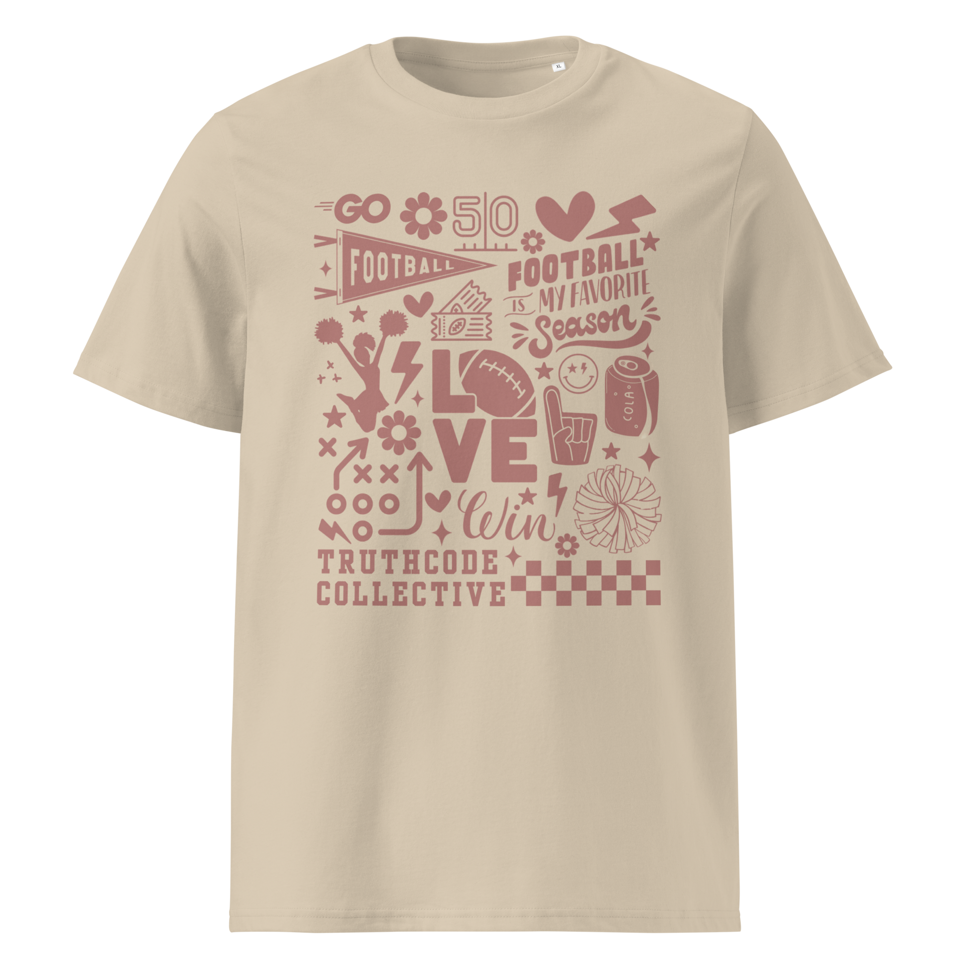Beige organic t- shirt with football themed graphics and text 'Football is my favorite season' on a white background