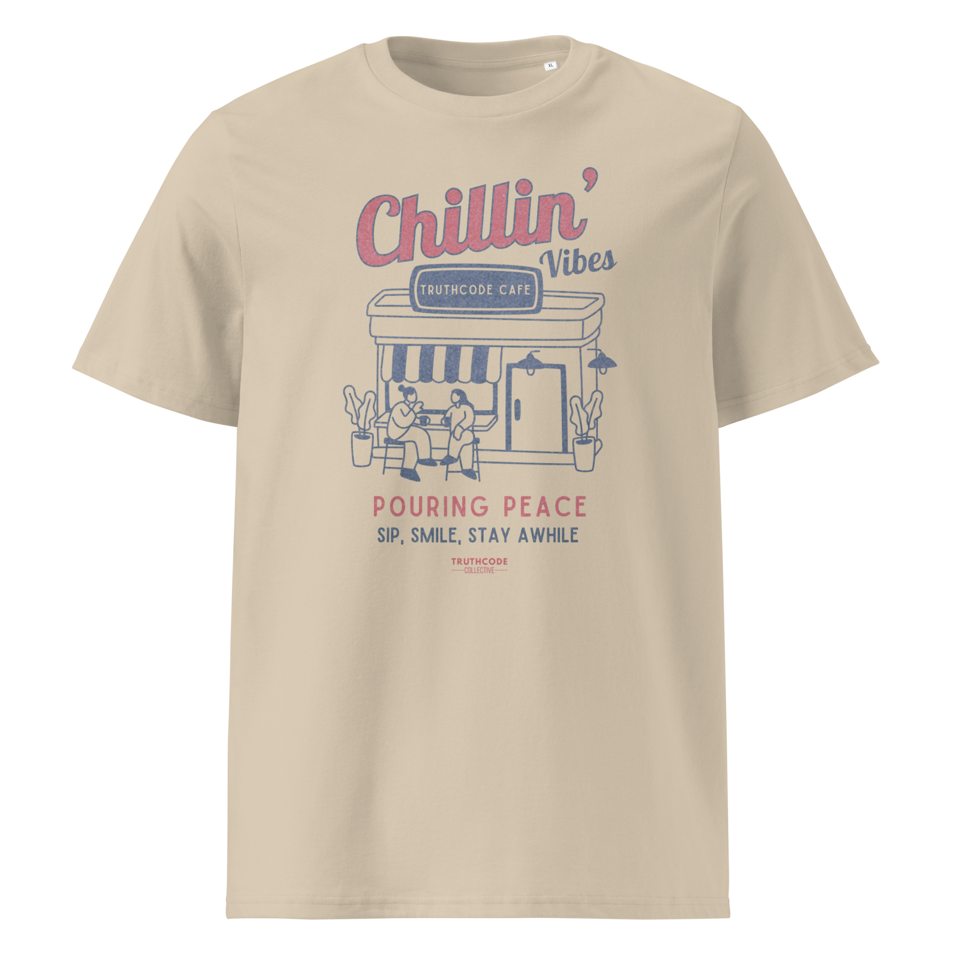 Beige organic t-shirt with 'Chillin' Vibes, TruthCode Cafe' and 'Pouring peace, sip, smile, stay a while' graphic design on a white background