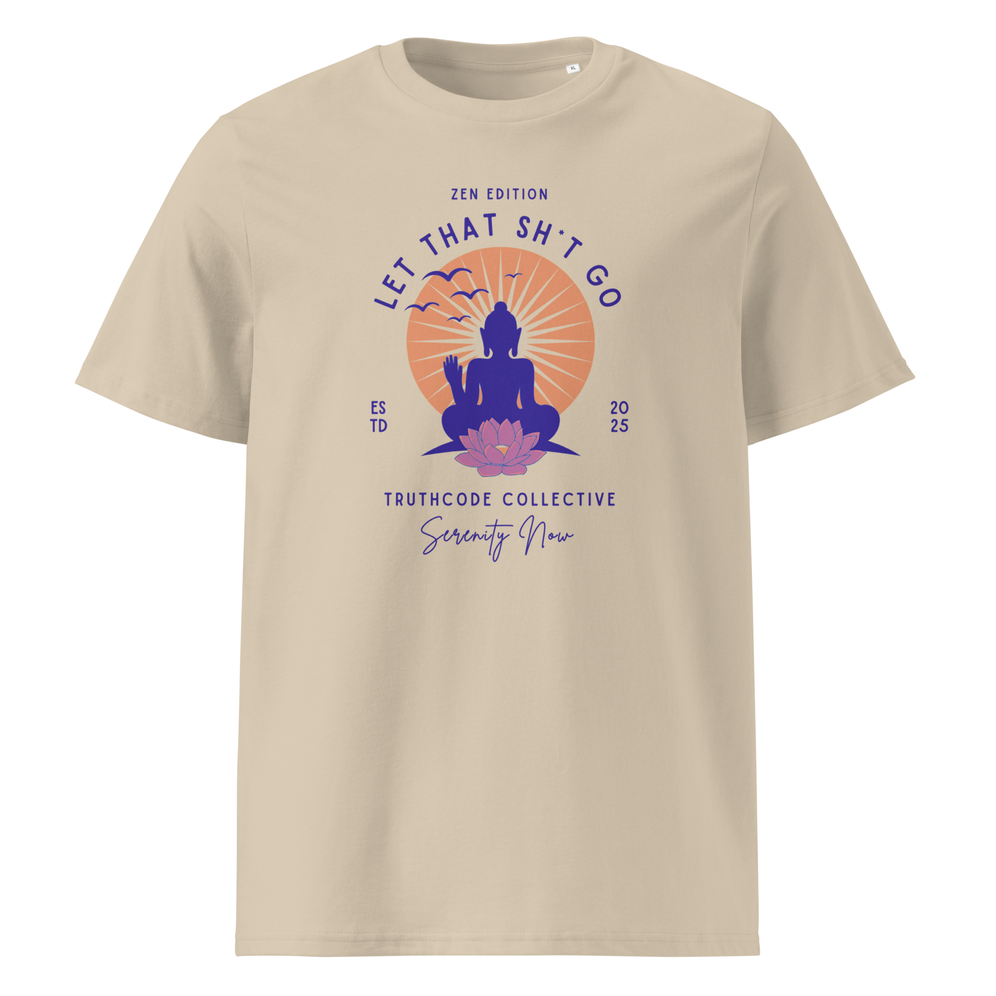 Beige organic t-shirt with a Buddha graphic and text 'Let that sh*t go' on a white background