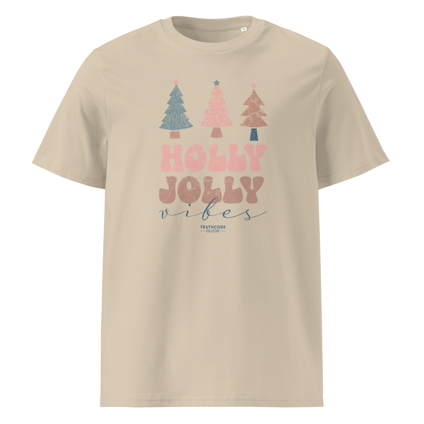 Beige organic t-shirt with Christmas tree design and 'Holly Jolly vibes' text on a white background