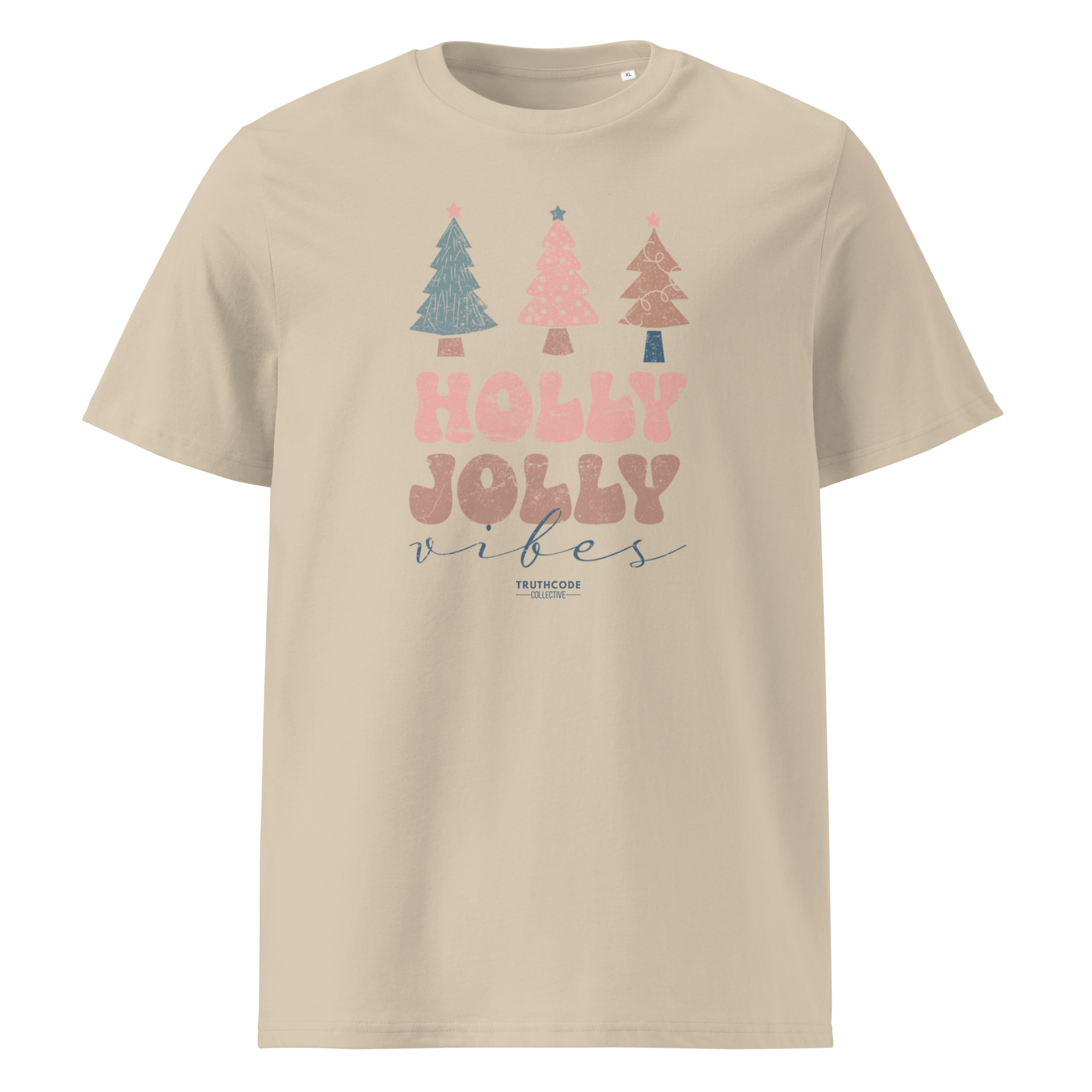 Beige organic t-shirt with Christmas tree design and 'Holly Jolly vibes' text on a white background