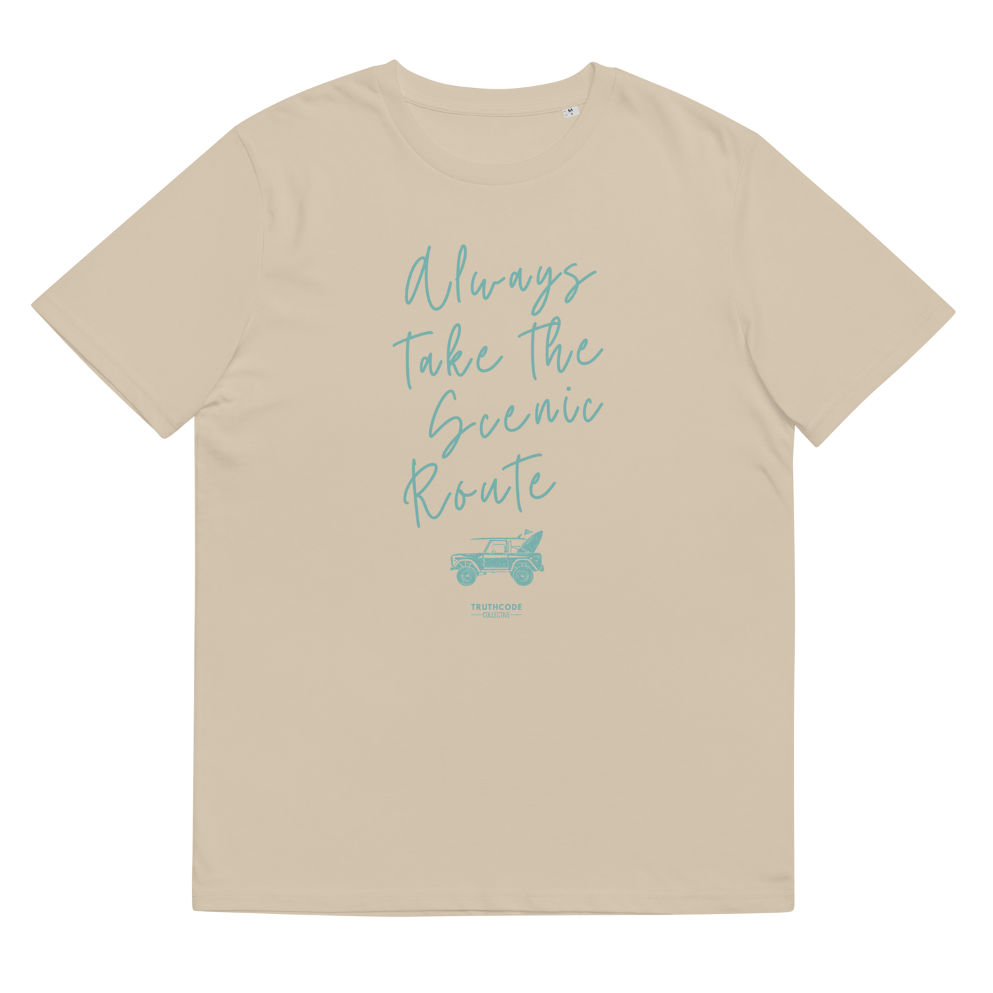 Beige organic t-shirt with text design 'Always take the scenic route' with truck with surf board graphic on a white background