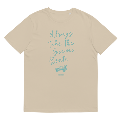 Beige organic t-shirt with text design 'Always take the scenic route' with truck with surf board graphic on a white background
