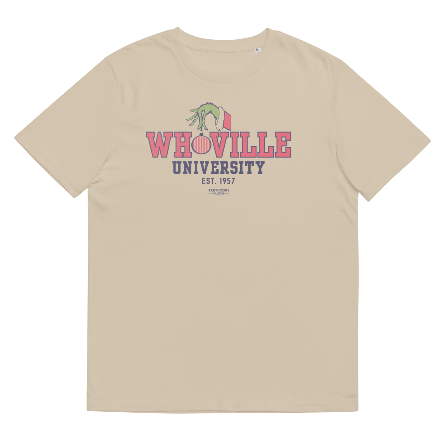 Beige t-shirt with 'WHOVILLE UNIVERSITY' text and graphic on a white background