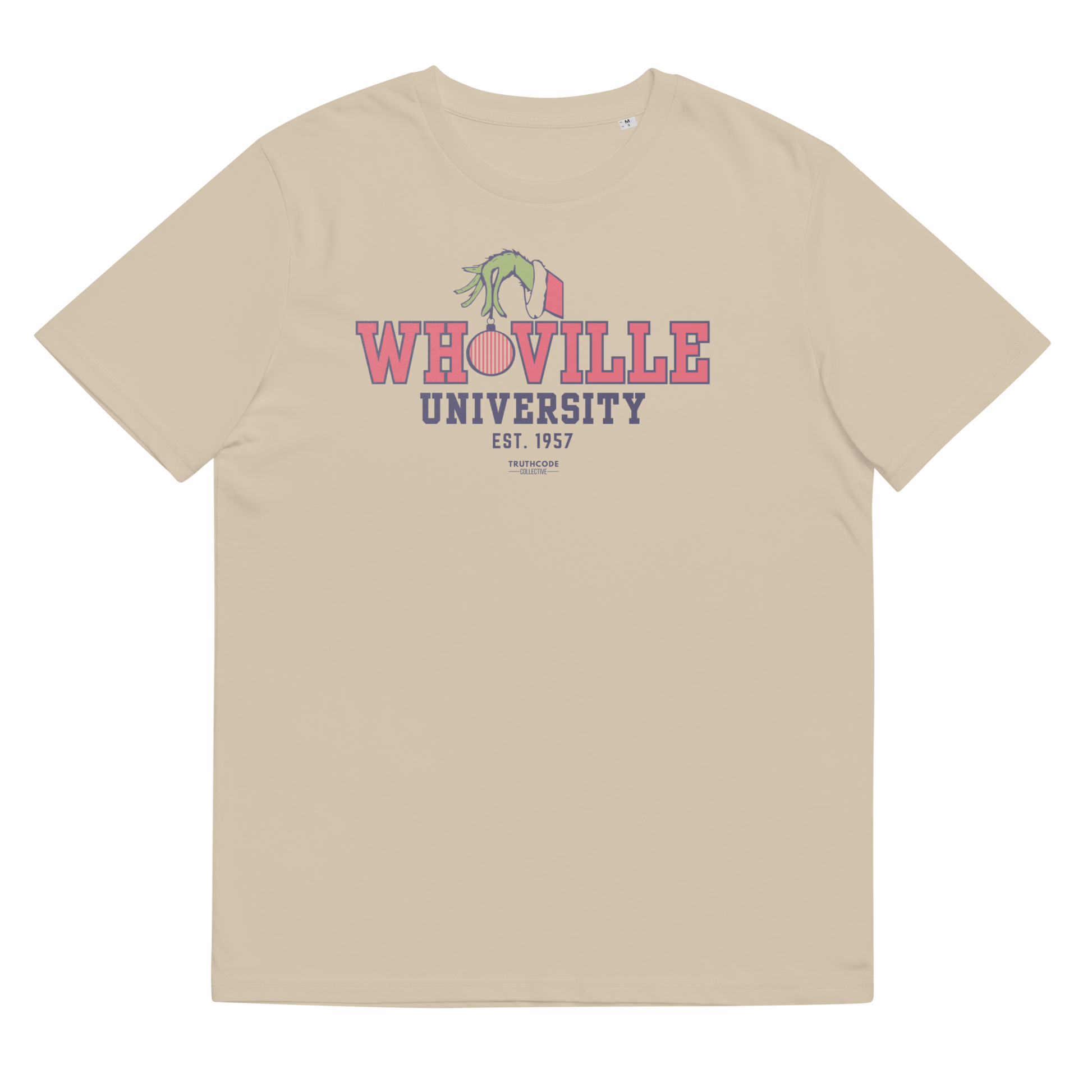 Beige t-shirt with 'WHOVILLE UNIVERSITY' text and graphic on a white background
