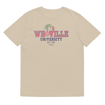 Beige t-shirt with 'WHOVILLE UNIVERSITY' text and graphic on a white background