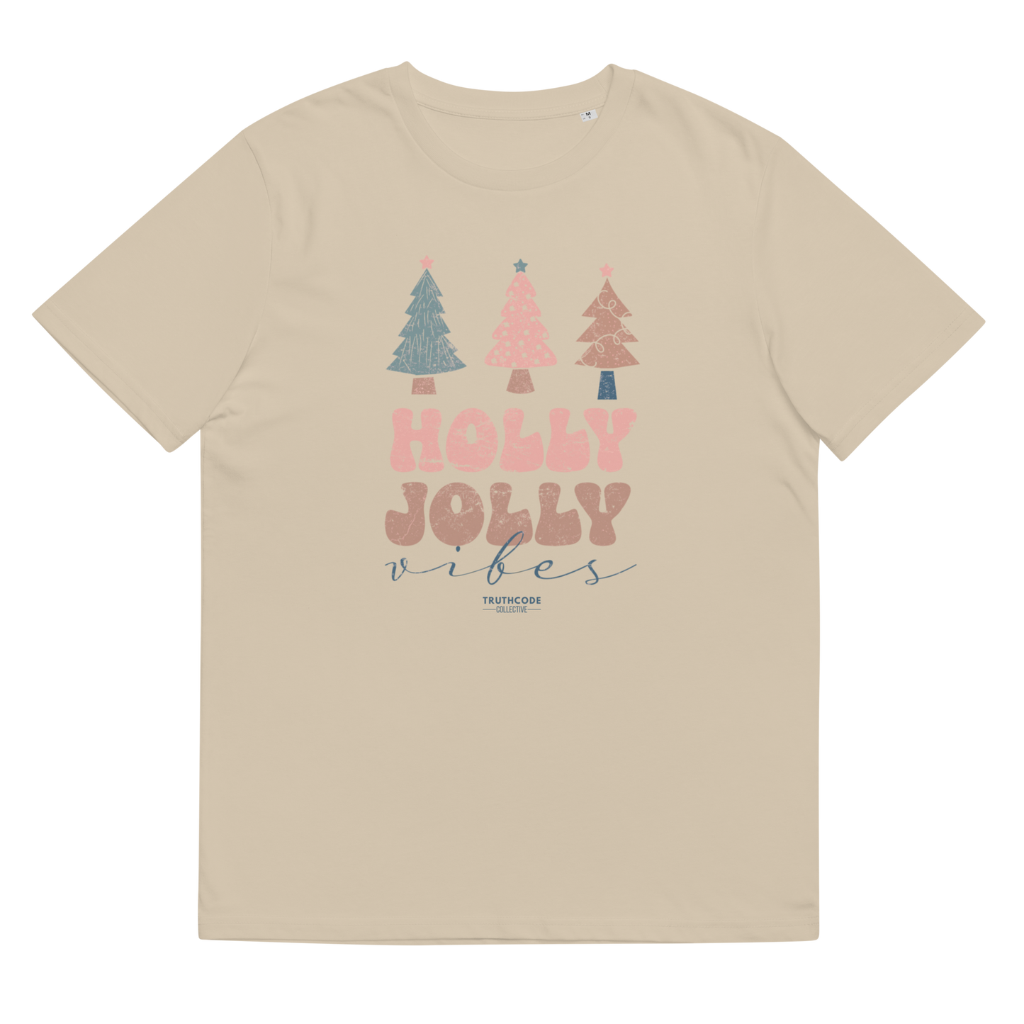 Beige t-shirt with Christmas tree graphics and 'Holly Jolly Vibes' text on a white background