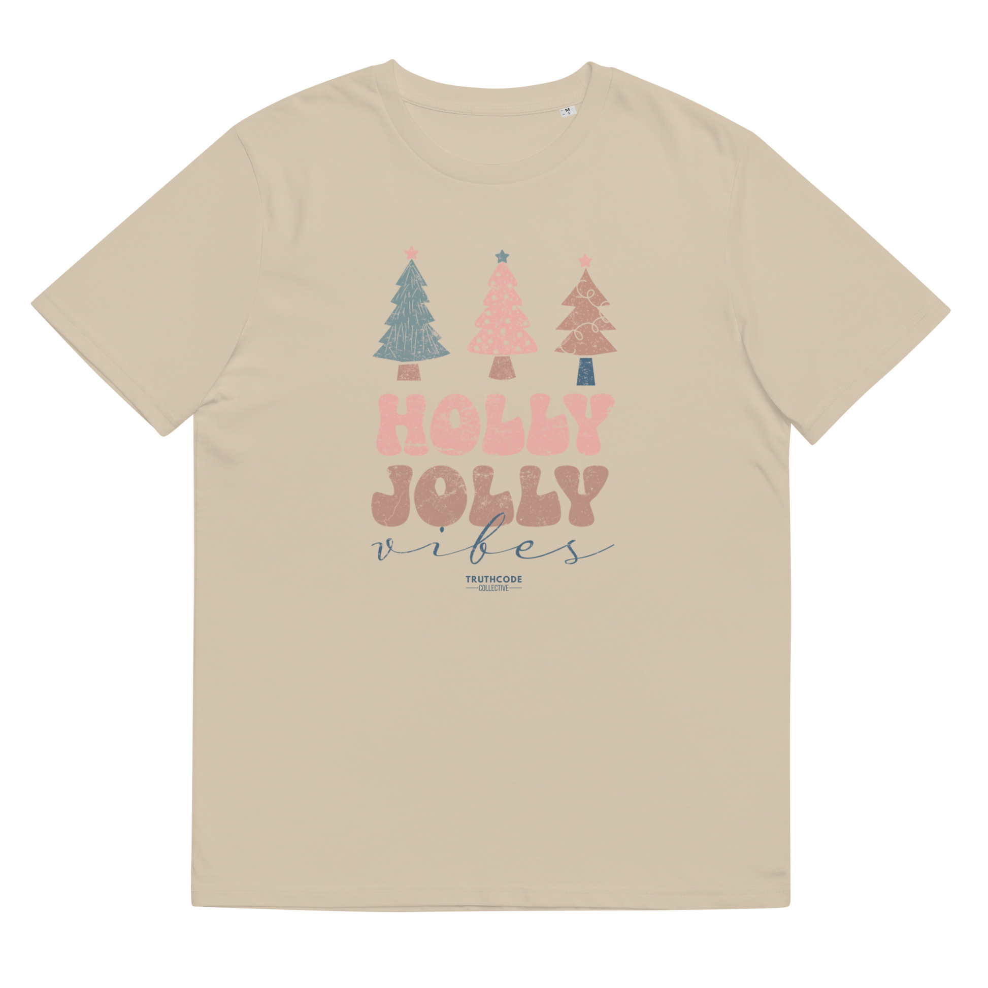 Beige t-shirt with Christmas tree graphics and 'Holly Jolly Vibes' text on a white background