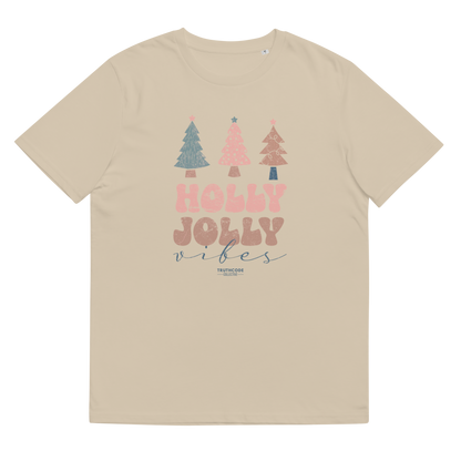 Beige t-shirt with Christmas tree graphics and 'Holly Jolly Vibes' text on a white background