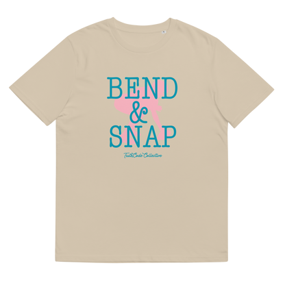 Beige organic t-shirt with 'Bend & Snap' text and football center graphic design, shirt is on a white background