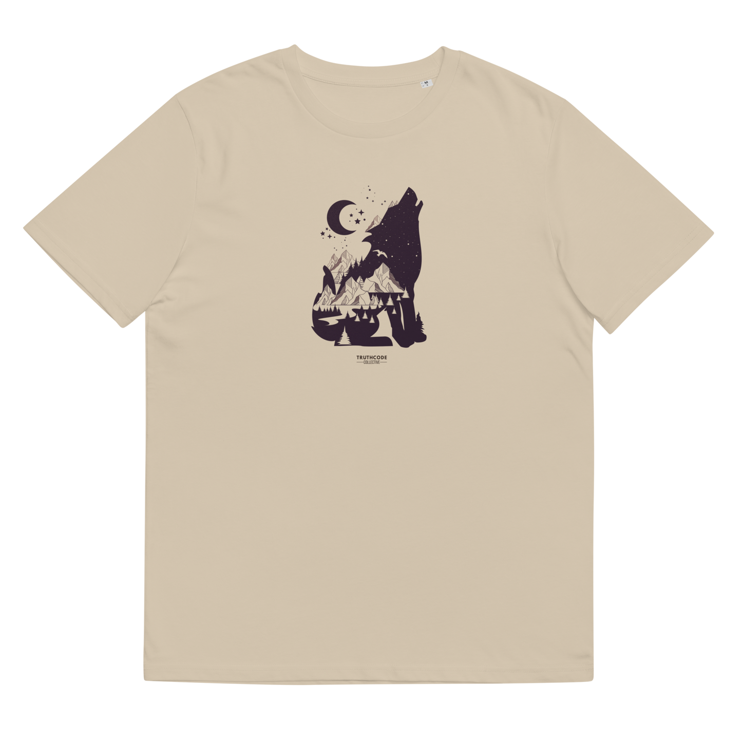 Beige organic t-shirt with a graphic of a wolf howling at the moon on a white background