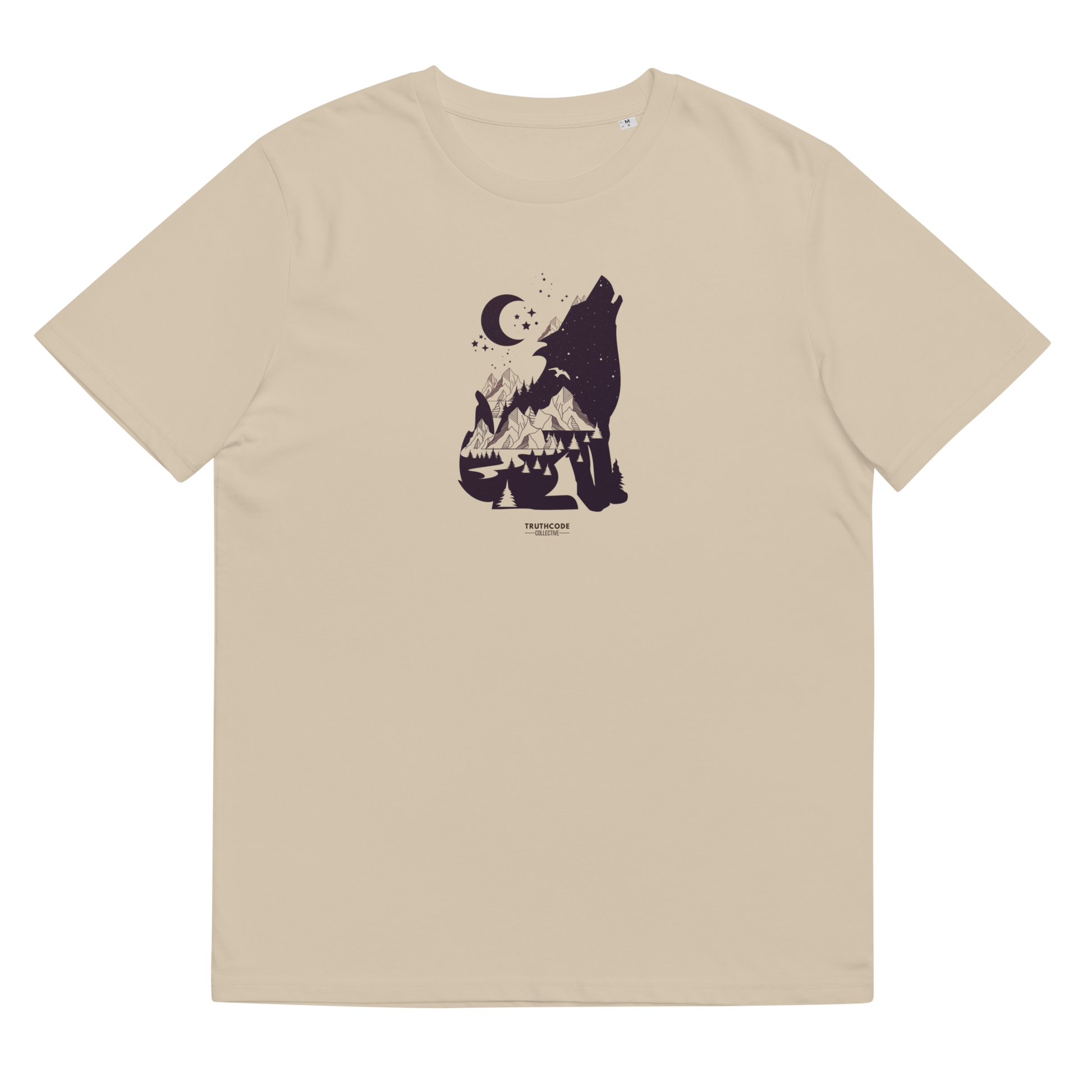 Beige organic t-shirt with a graphic of a wolf howling at the moon on a white background