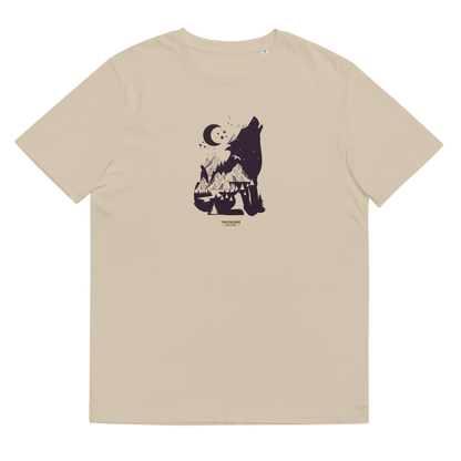 Beige organic t-shirt with a graphic of a wolf howling at the moon on a white background