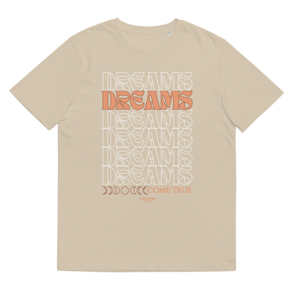 Beige organic t-shirt with 'Dreams Come True' text design, shirt on a white background