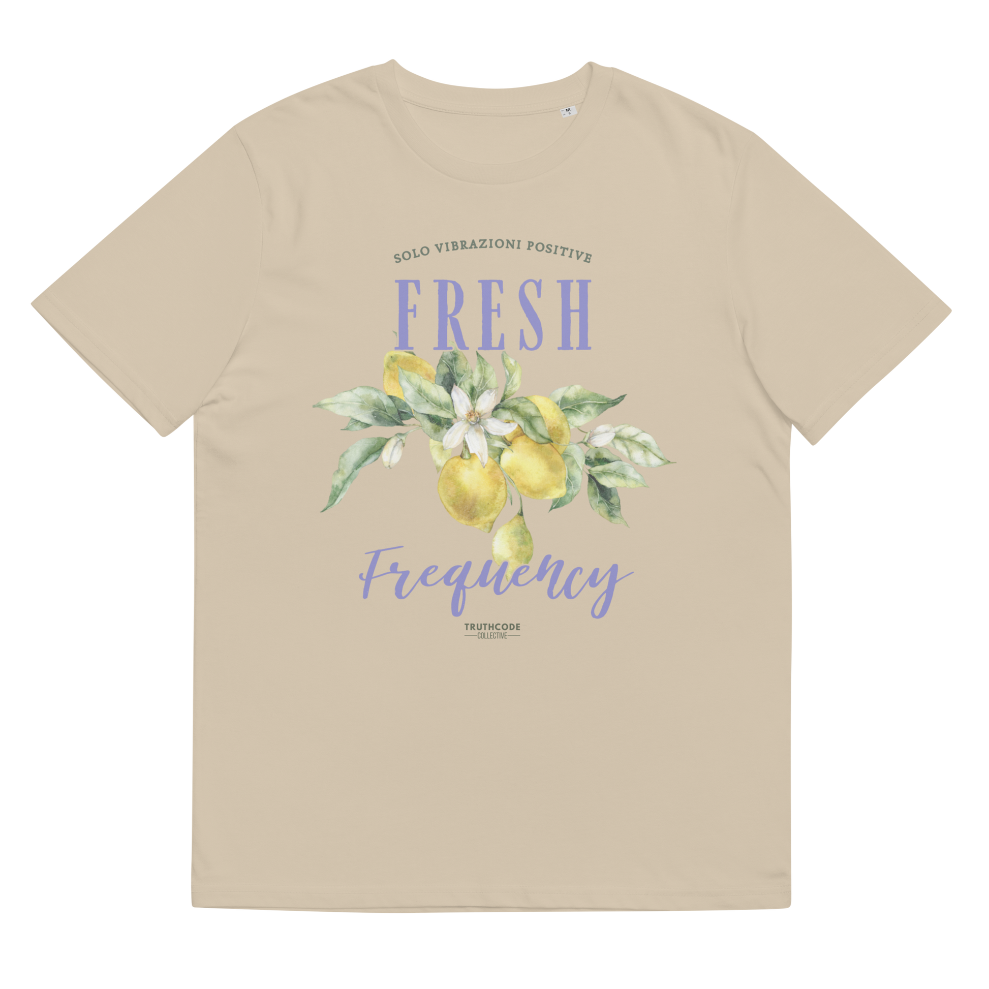 Beige organic t-shirt with lemon graphic and text 'Fresh frequency' on a white background