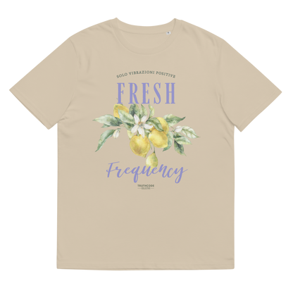 Beige organic t-shirt with lemon graphic and text 'Fresh frequency' on a white background