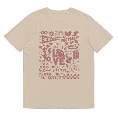 Beige organic t-shirt with football collage graphic design and text 'Football is my favorite season' on a white background