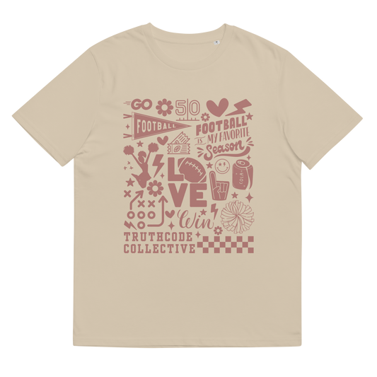 Beige organic t-shirt with football collage graphic design and text 'Football is my favorite season' on a white background