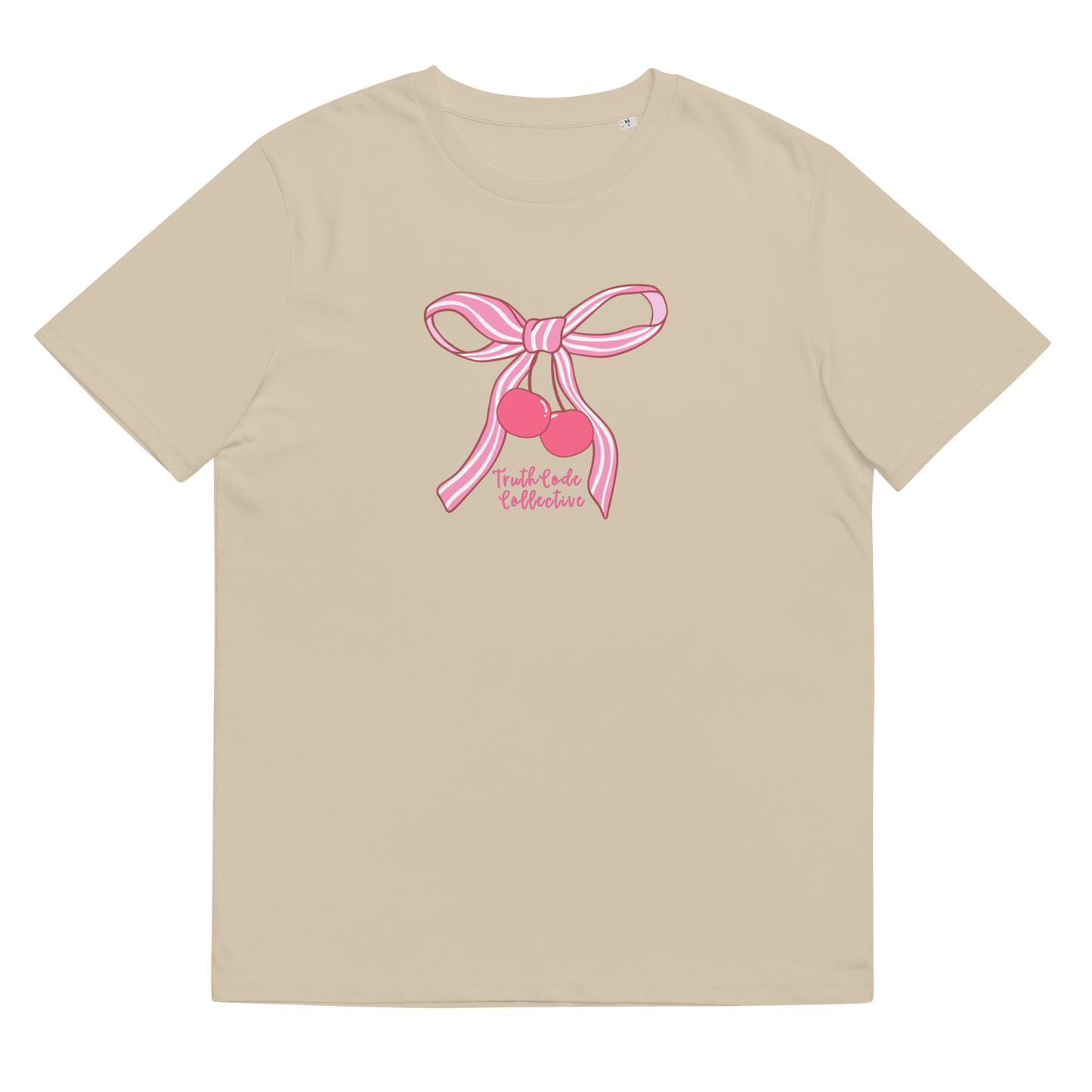 Beige organic t-shirt with pink bow and cherry design on a white background