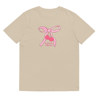 Beige organic t-shirt with pink bow and cherry design on a white background