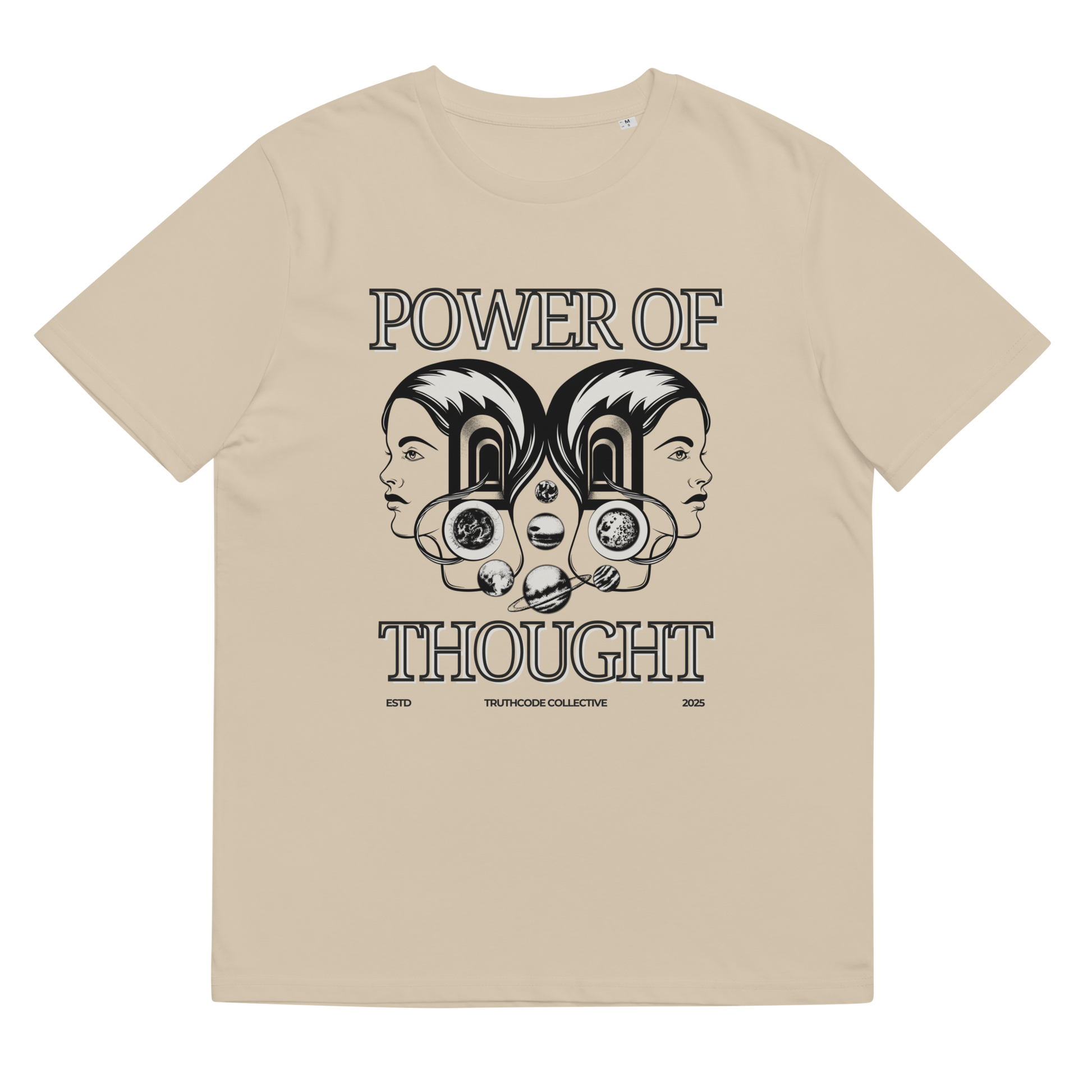 Beige organic t-shirt with 'Power of Thought' text and graphic design, shirt on a white background