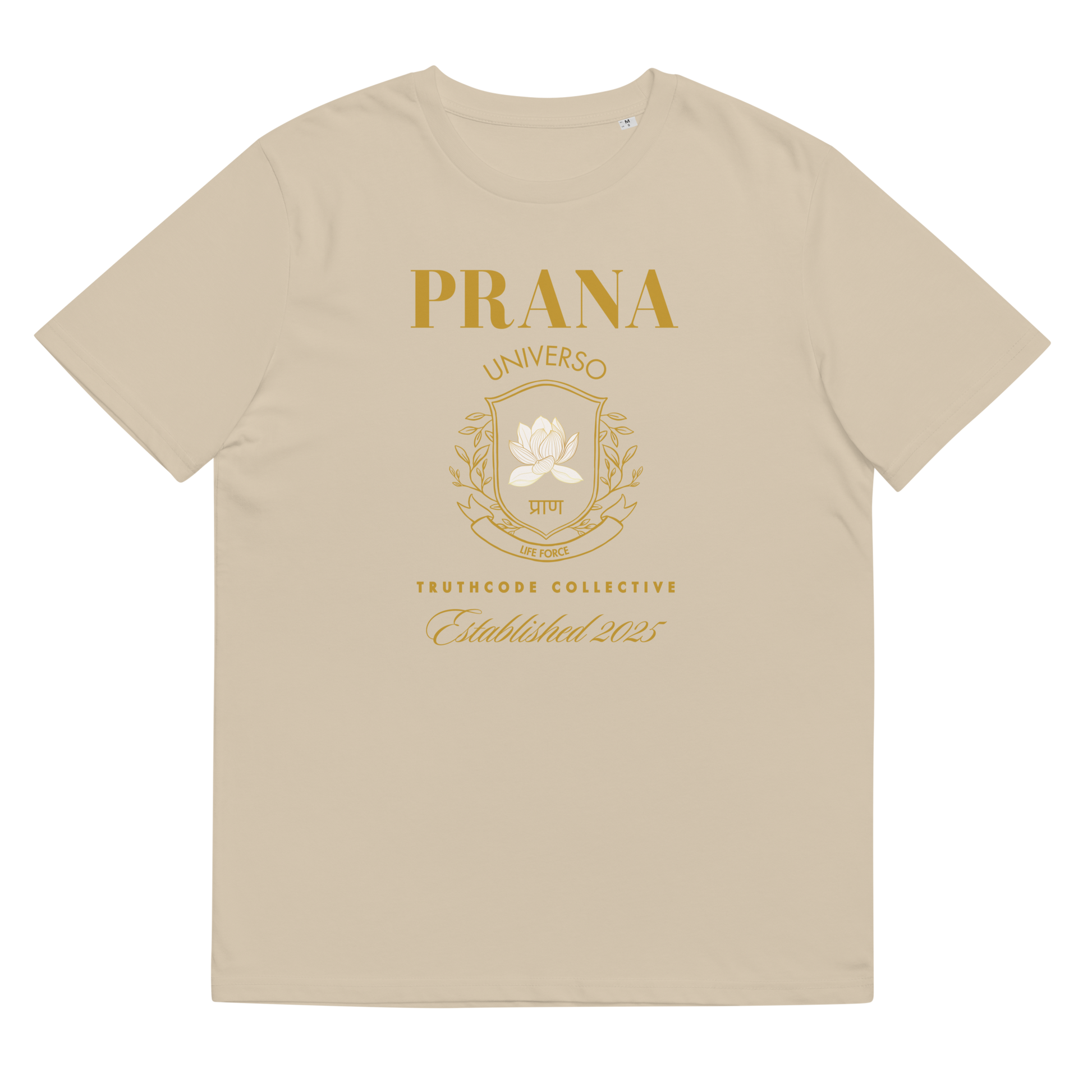 Beige organic t-shirt with gold 'Prana Universo' logo crest graphic design, shirt on a white background