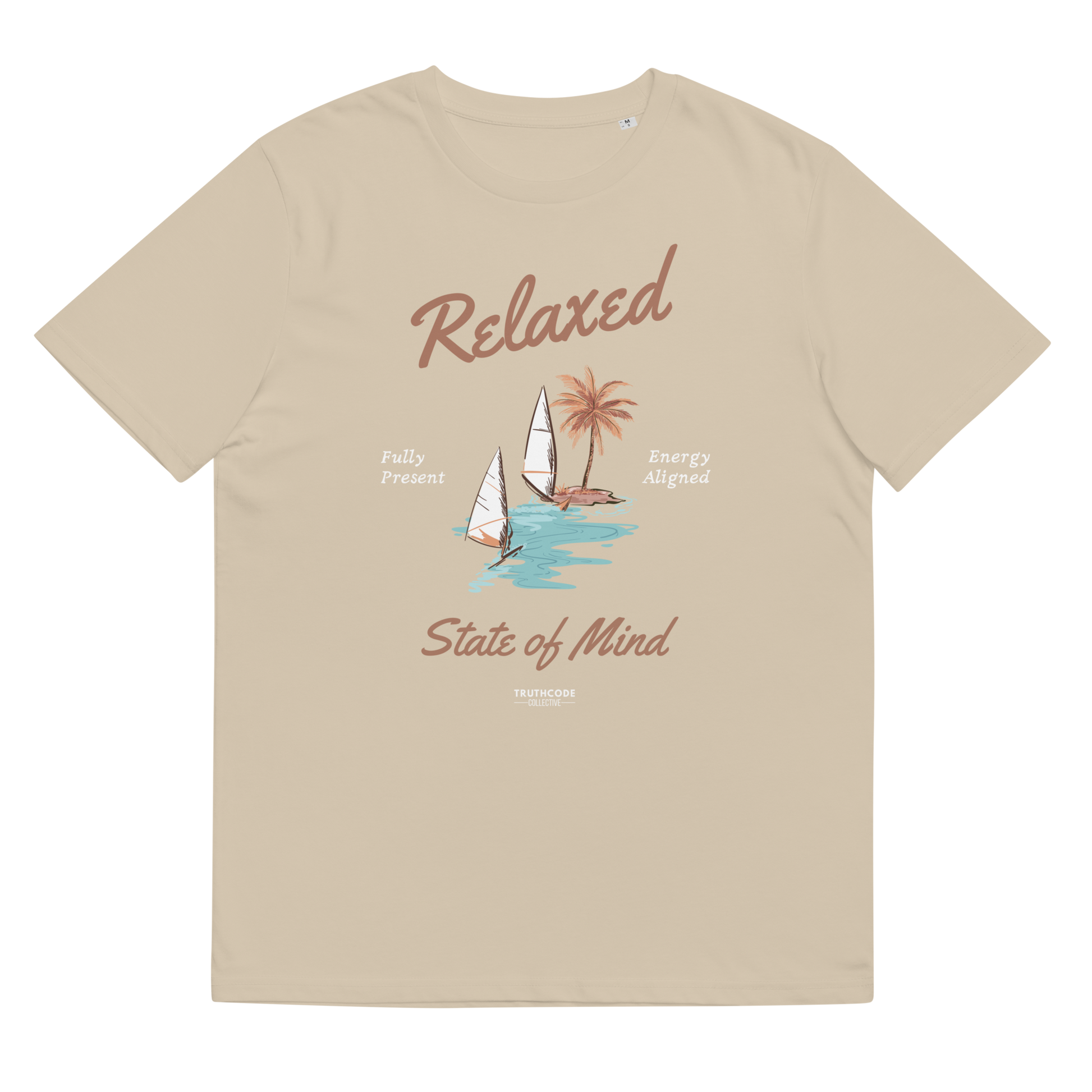 Beige organic t-shirt with a sailboat graphic and text 'Relaxed state of mind', shirt on a white background