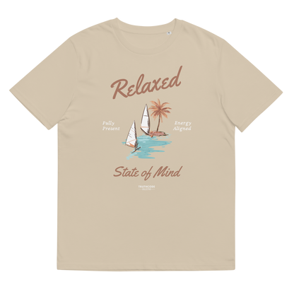 Beige organic t-shirt with a sailboat graphic and text 'Relaxed state of mind', shirt on a white background