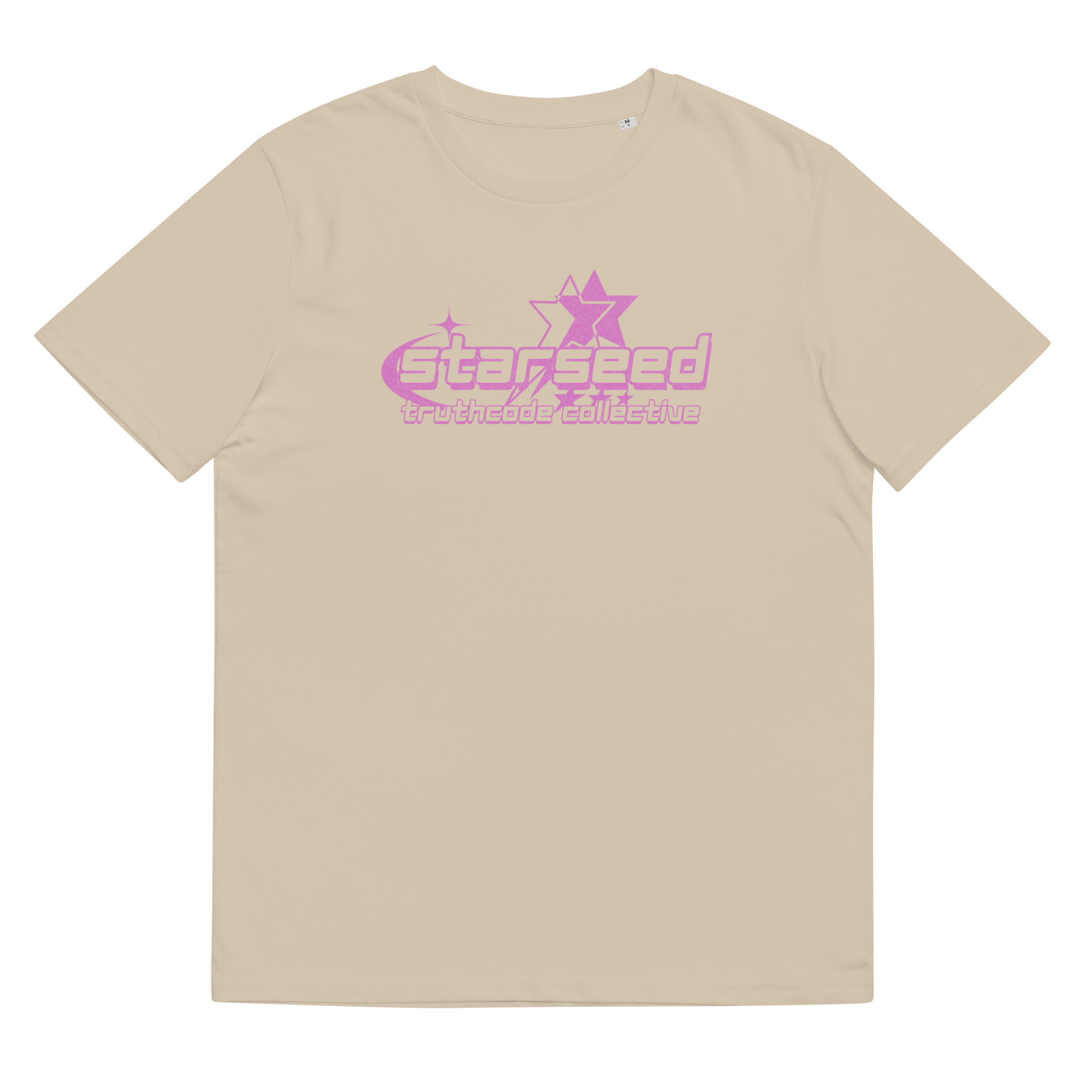 Beige organic t-shirt with pink text 'Starseed' and star graphic design, shirt on a white background