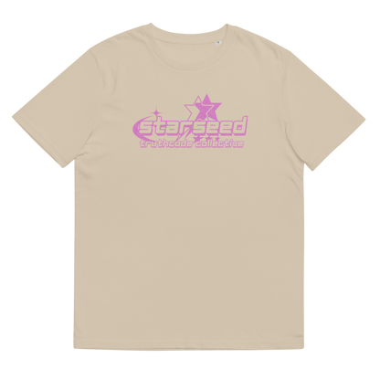 Beige organic t-shirt with pink text 'Starseed' and star graphic design, shirt on a white background