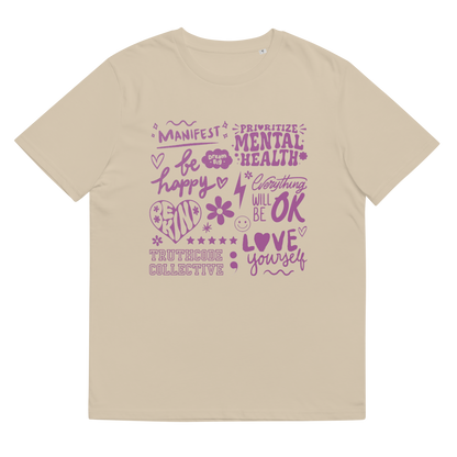 Beige organic t-shirt with purple motivational text and graphics 'Prioritize mental health, manifest, be happy, everything will be okay...' on a white background