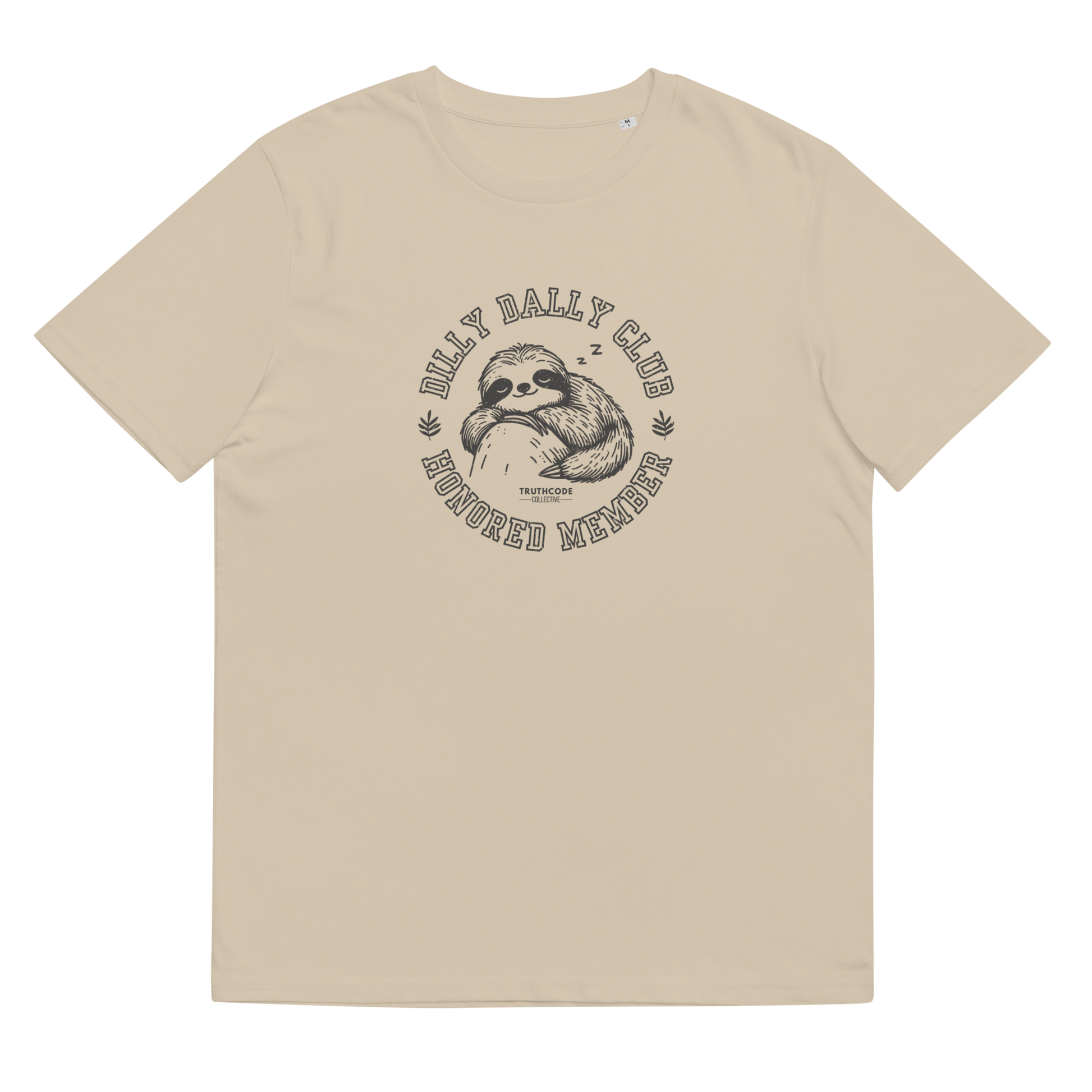 Beige organic t-shirt with sloth graphic and text 'Dilly dally club, honored member' on a white background