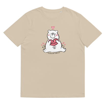 Beige organic t-shirt with a bear holding a heart graphic and 'Love' text on a white background