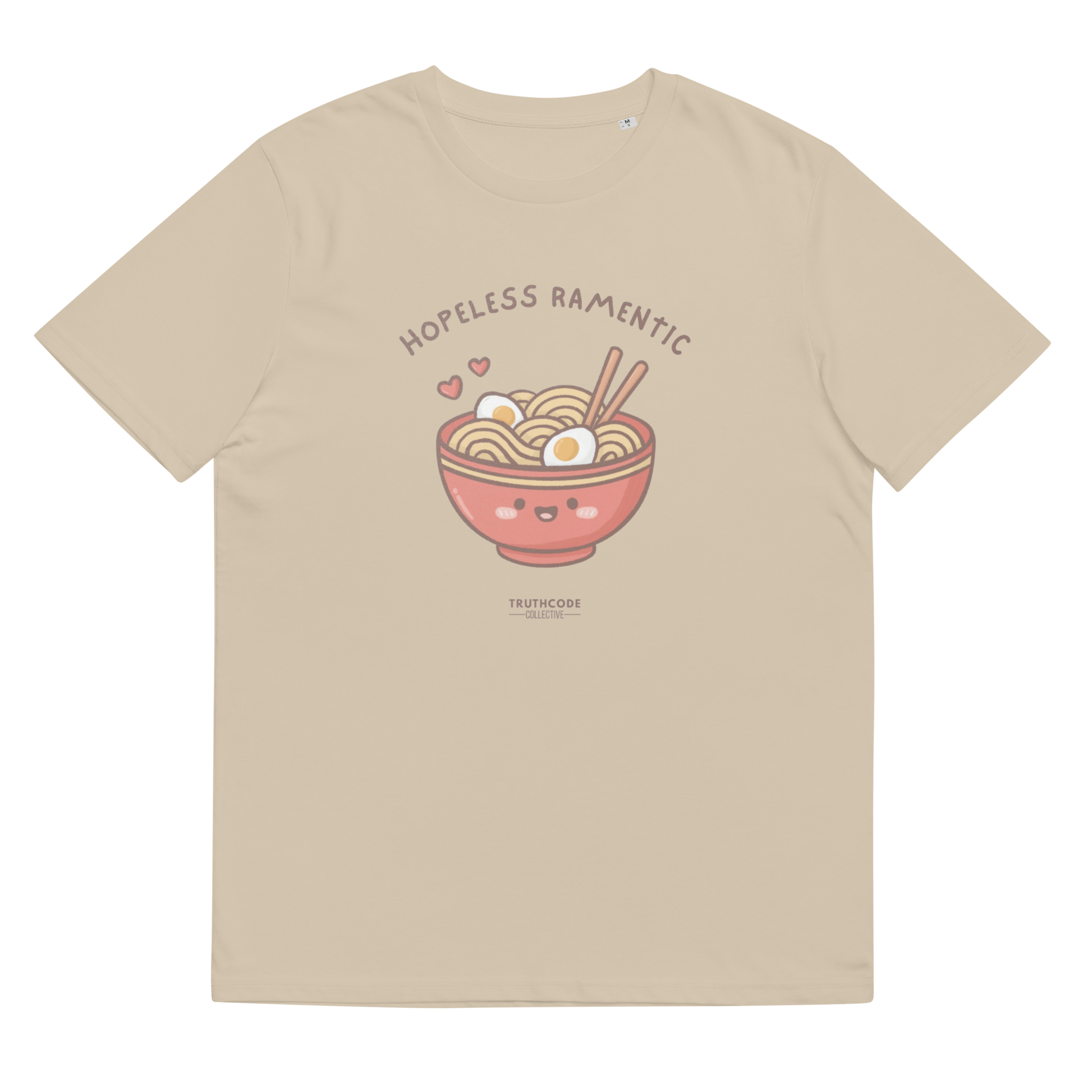 Beige organic t-shirt with a cartoon ramen bowl graphic and text 'Hopeless ramentic' on a white background