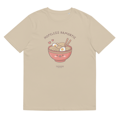 Beige organic t-shirt with a cartoon ramen bowl graphic and text 'Hopeless ramentic' on a white background