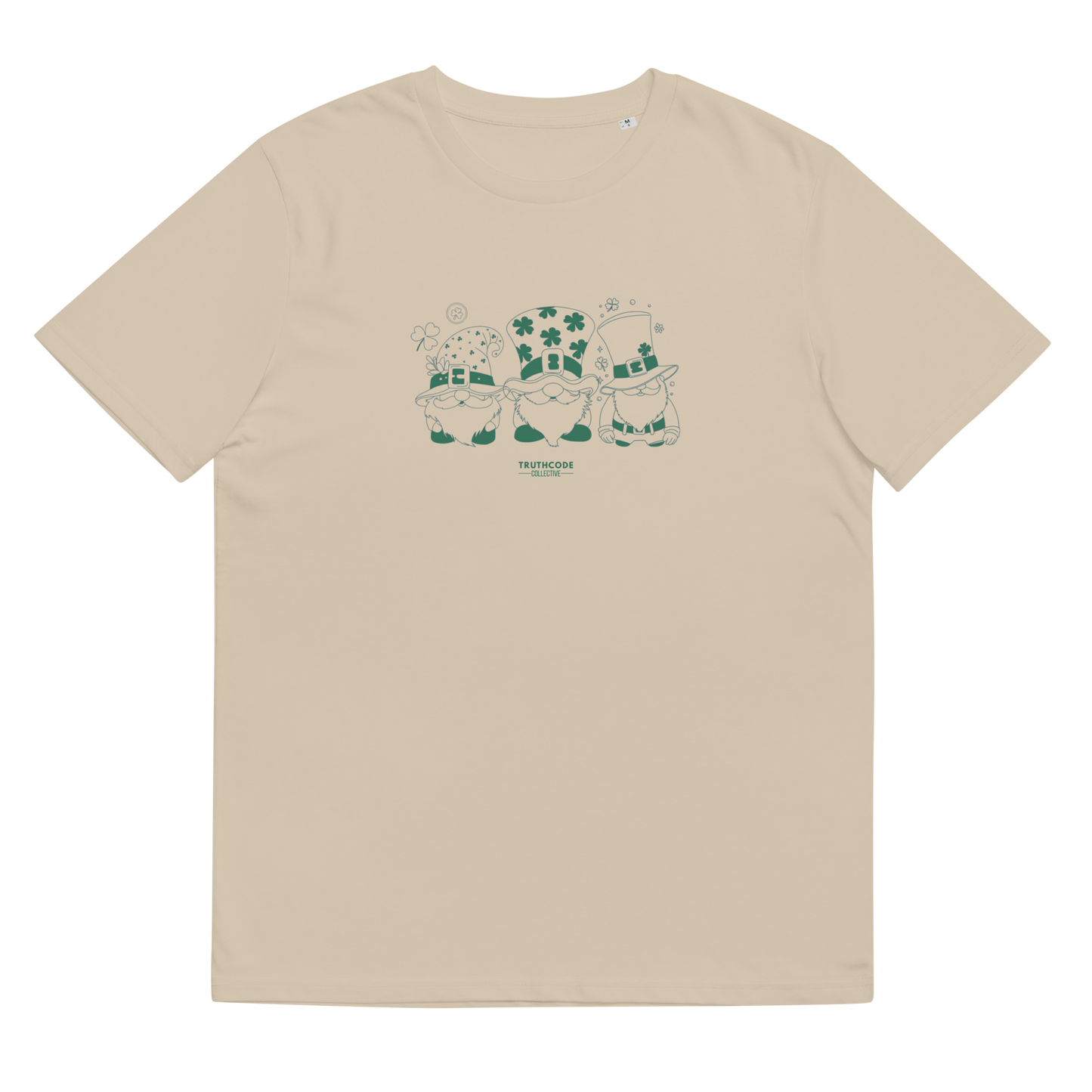 Beige organic t-shirt with green graphic design of 3 gnome leprechauns, shirt on a white background