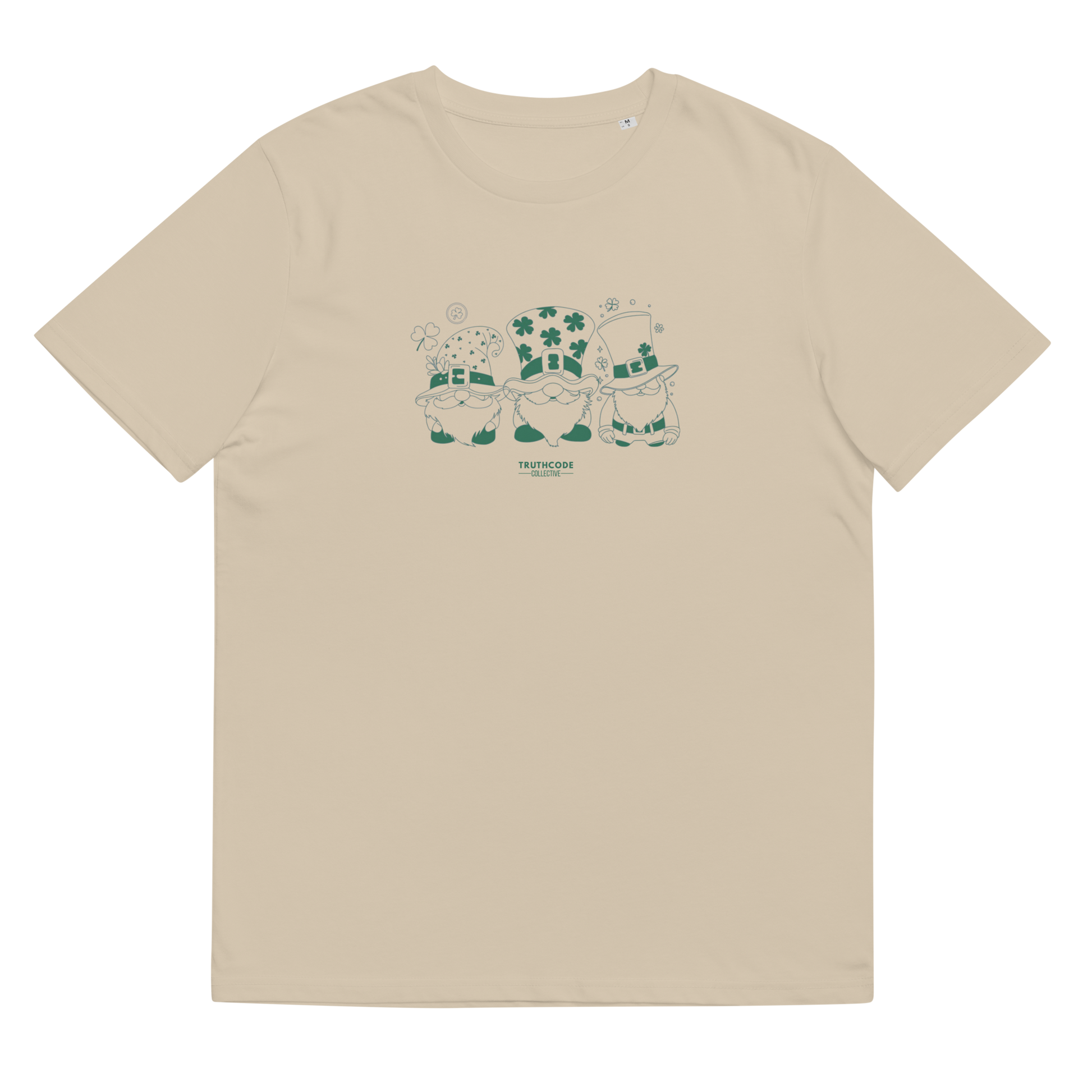 Beige organic t-shirt with green graphic design of 3 gnome leprechauns, shirt on a white background
